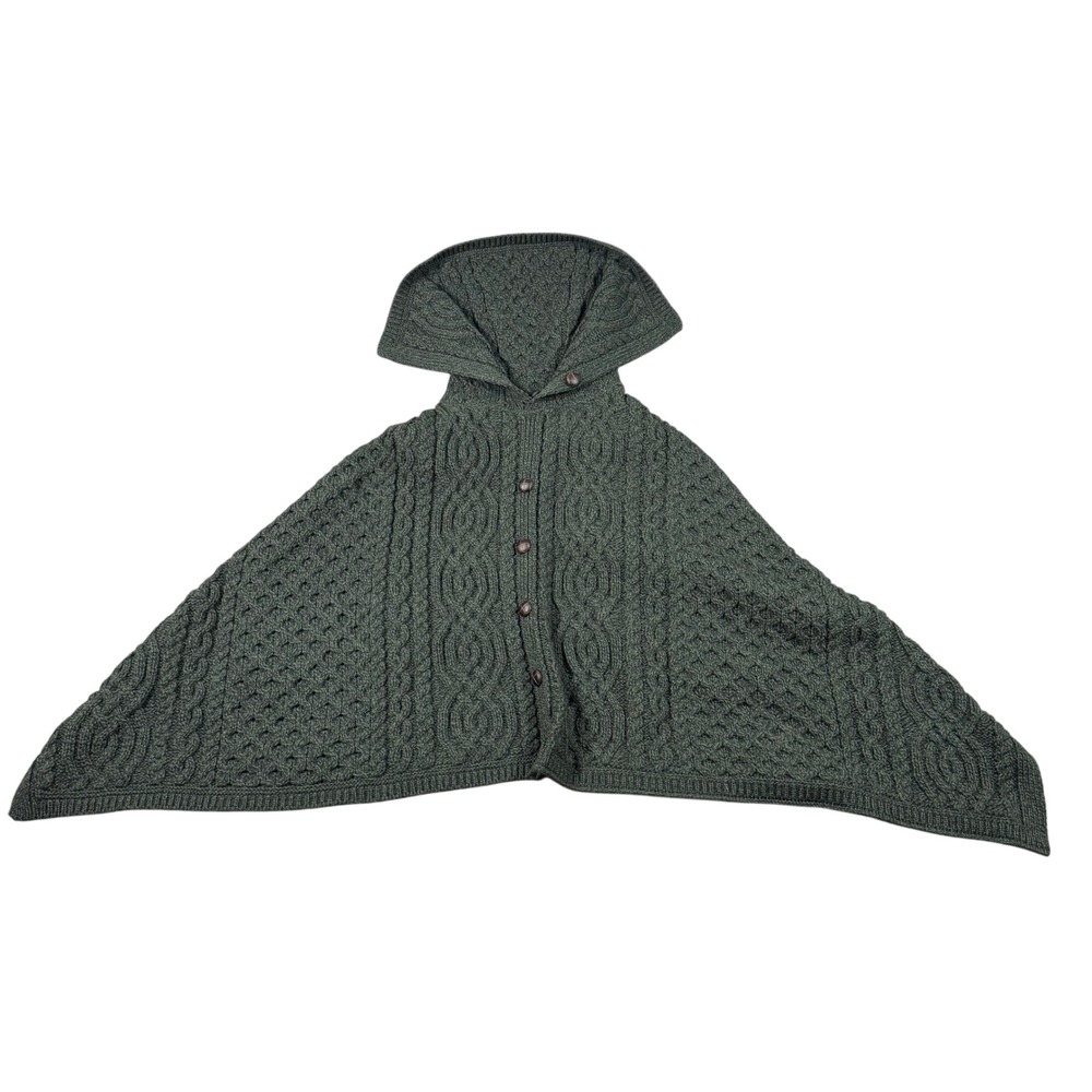 Aran Sweater Market Cape Women SM Green Merino Wool Irish Cable Knit Poncho